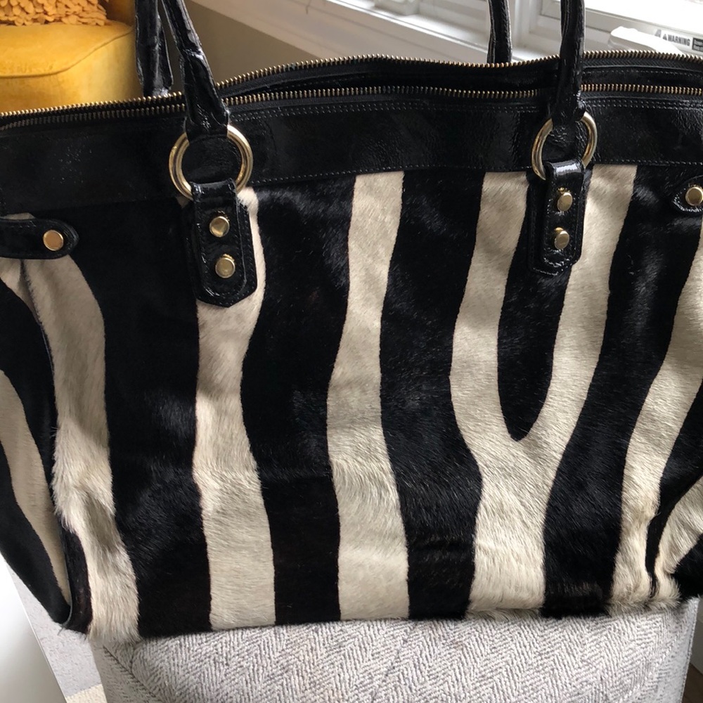❤Cavalcanti Italian Black Calf Hair Patent Leather Trim Shoulder Handbag Satchel